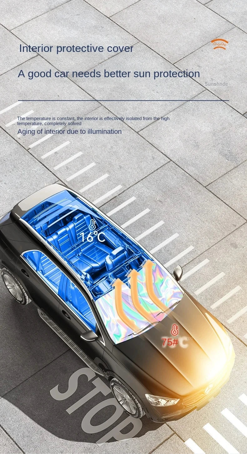 Portabler UV-Auto-Windschutzscheiben-Sonnenschutz schützt die Windschutzscheibe eines dunklen Autos vor der Sonne.