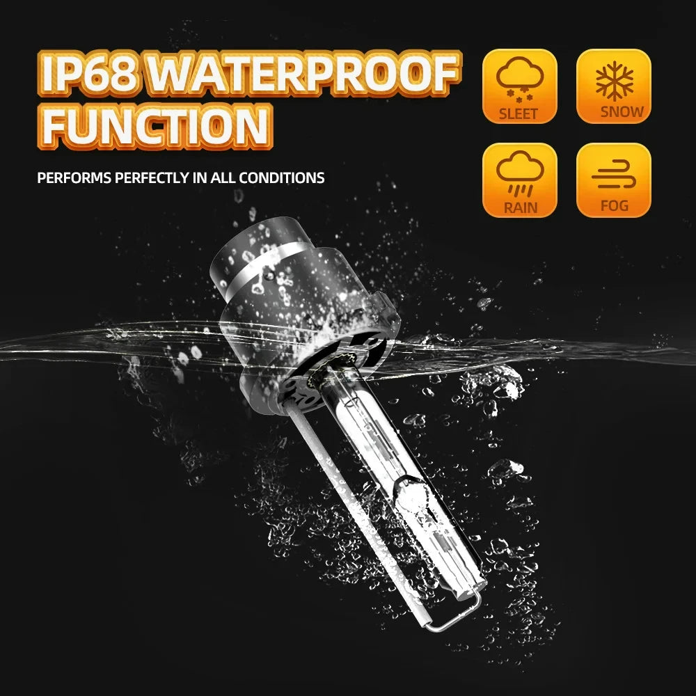 A bright xenon car headlight bulb is shown performing in water, demonstrating its IP68 waterproof function.