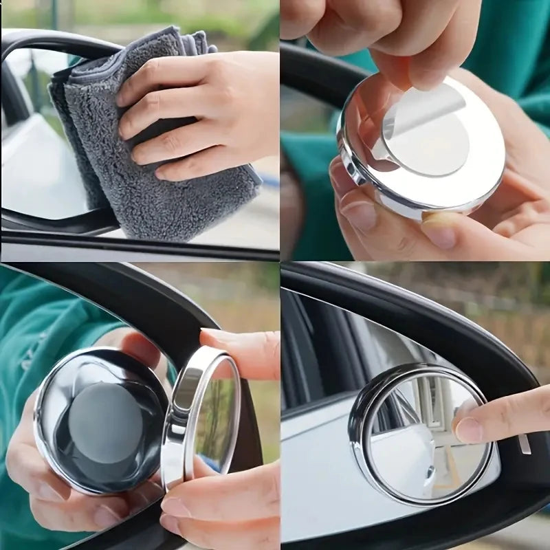 Close-up shots showing the use of 360° adjustable blind spot mirrors for vehicle safety checks.