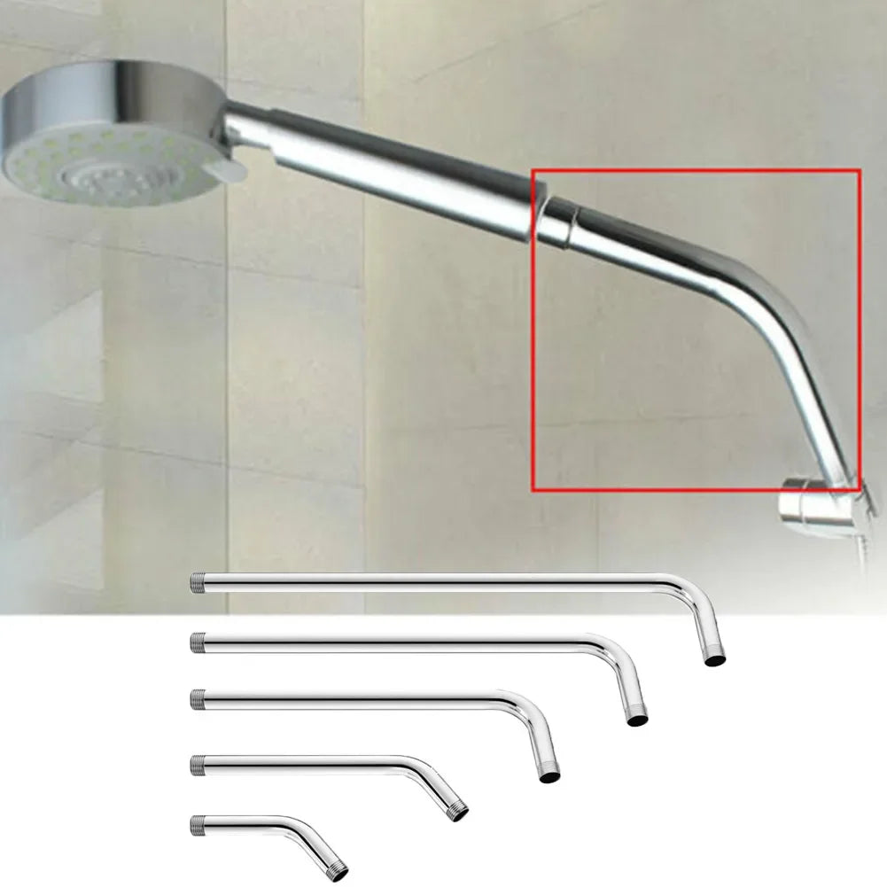 A stainless steel shower arm extension with a flexible curved spout and a circular shower head.