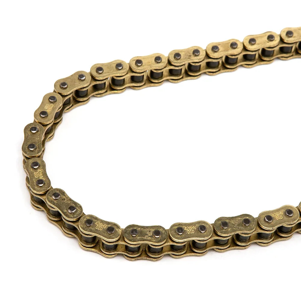 A close-up view of a heavy-duty brass motorcycle chain with interlocking oval links.