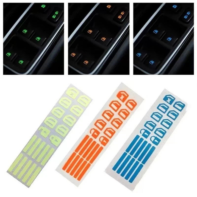 A set of luminous button stickers for car windows showing various colored buttons.