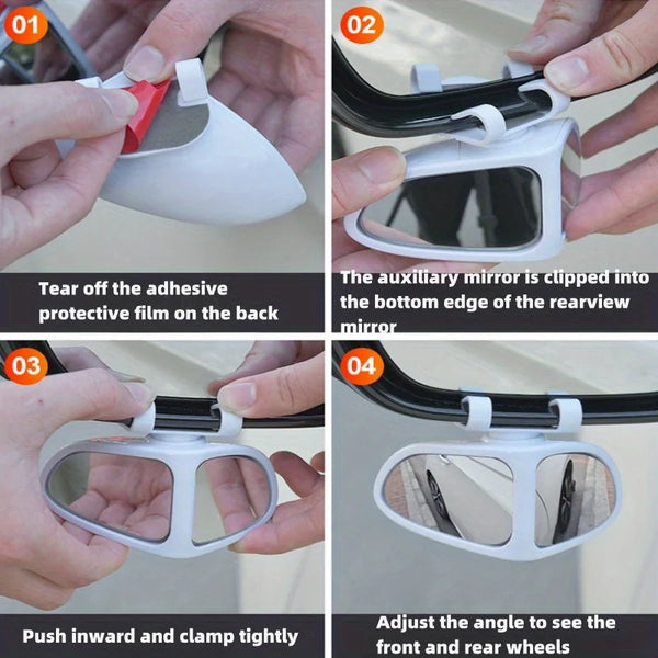 Step-by-step guide showing how to install and adjust 360° adjustable blind spot mirrors for vehicle rearview.