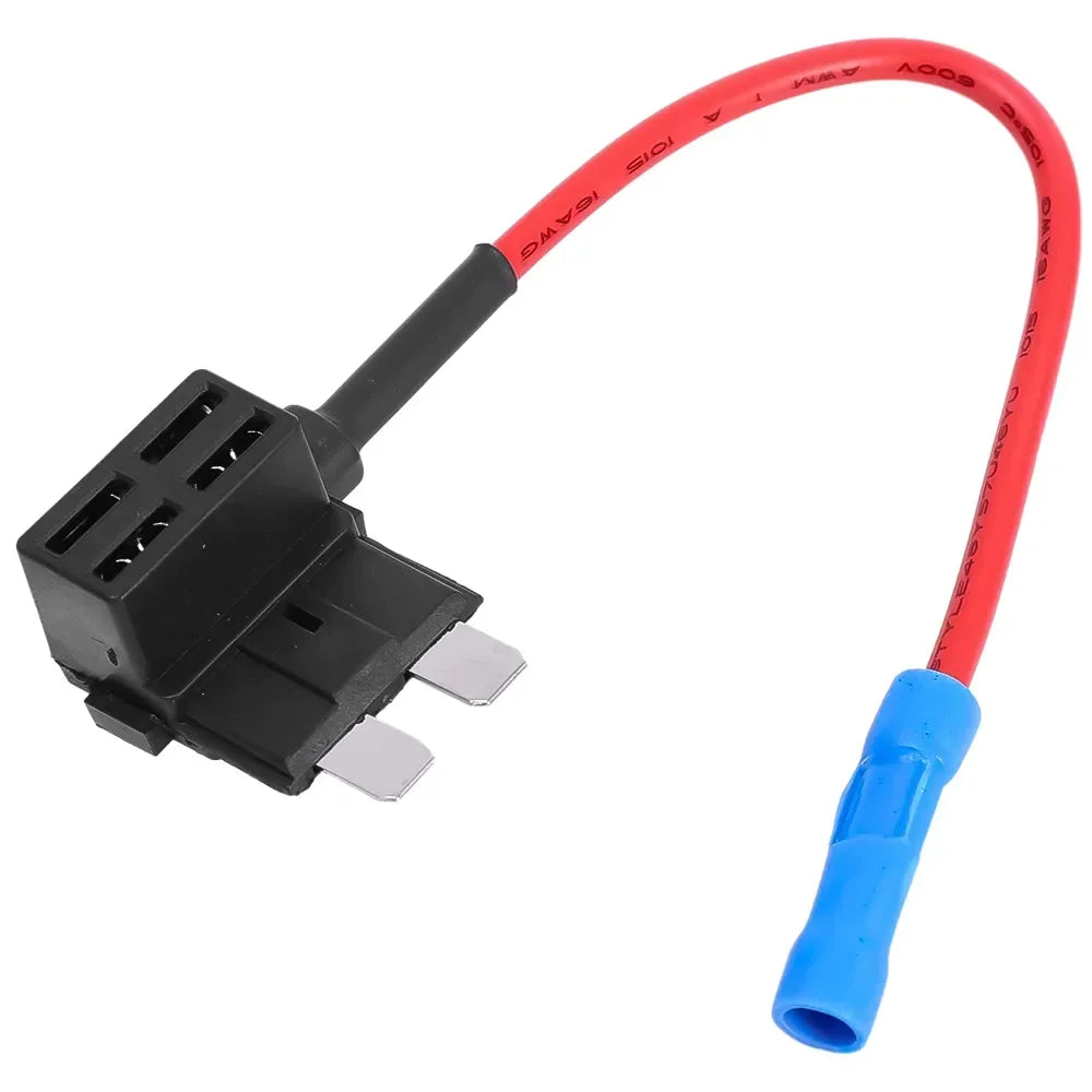 Red and black automotive fuse adapter splitter cable with a blue connector.