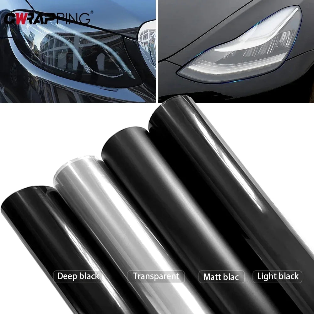 Rolls of universal car light tint film in deep black, transparent, matt black, and light black colors.