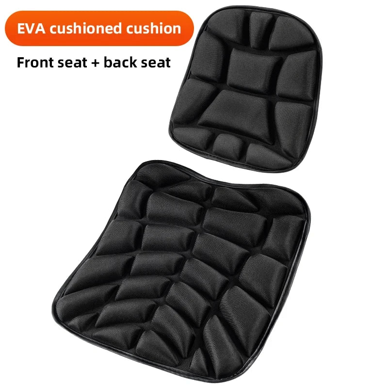 Black EVA cushioned seat pads for front and back seats of a motorcycle