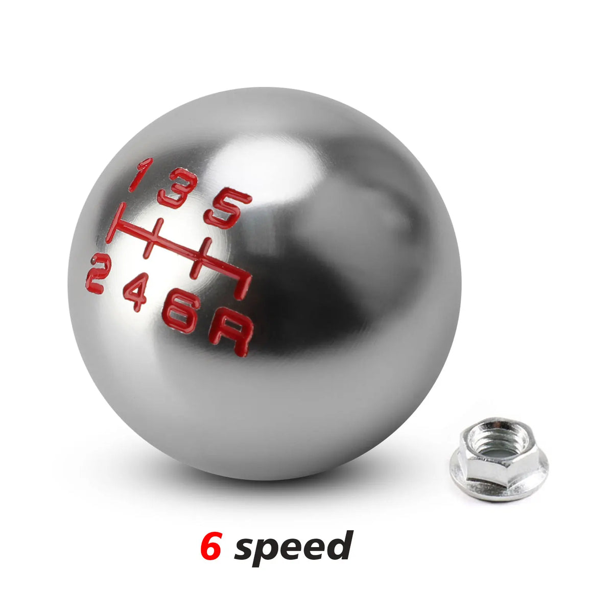 Silver aluminum gear shift knob with red markings showing 6 speed