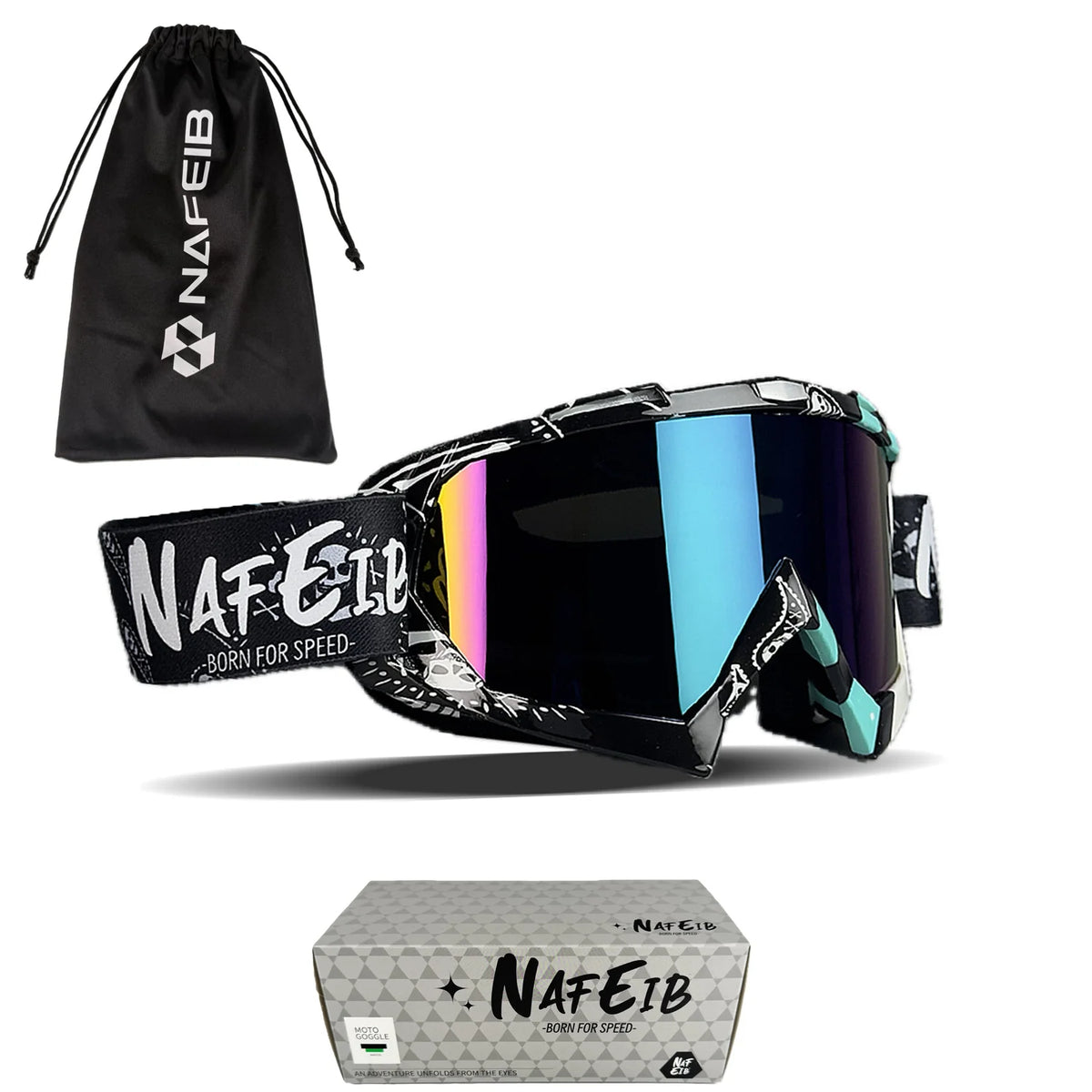 A black NikeB born for speed motorcycle goggle and a matching drawstring bag.