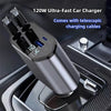 A silver 120W ultra-fast car charger with a digital display is shown plugged into a car port.