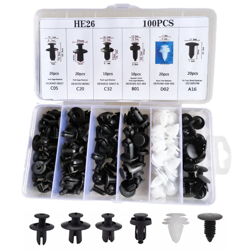 Set von HE26 universellen Auto-Verriegelungsklips und Halterungen für Zierleisten und Verkleidungen in verschiedenen Größen.