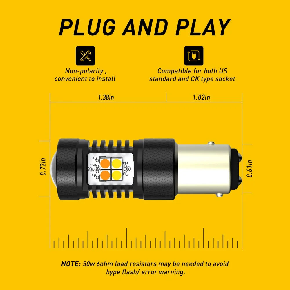 Diagramme jaune montrant une ampoule clignotante plug and play avec connexion non-polarité pour les sockets US et CK.
