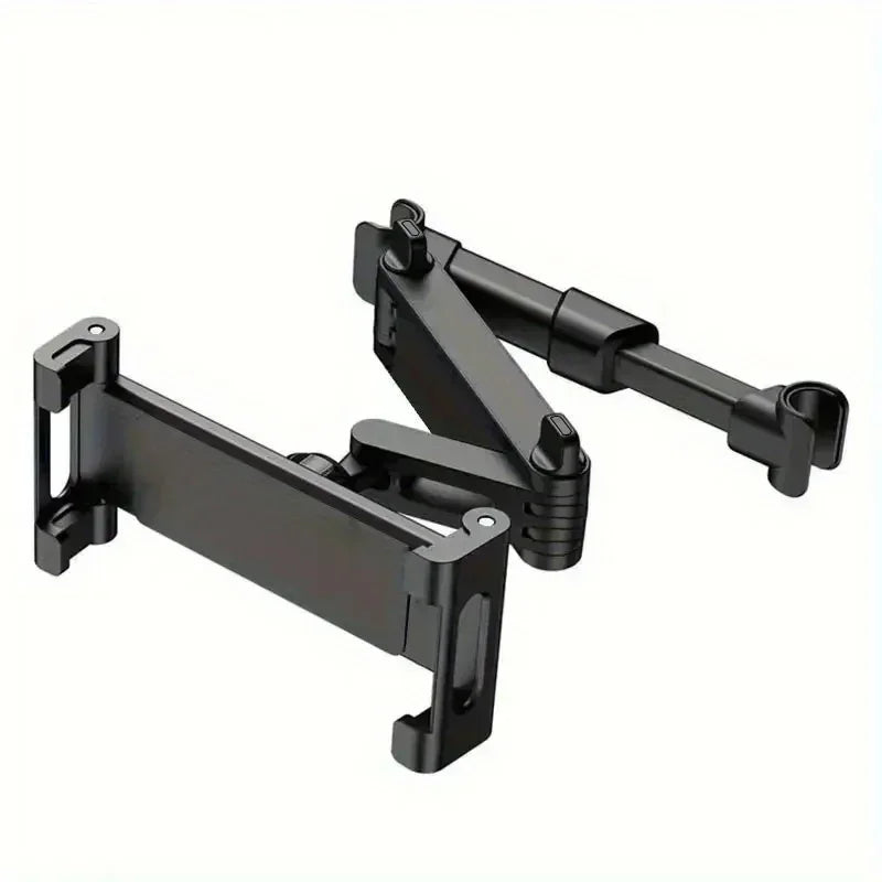 Black universal rotating car headrest phone and tablet mount.