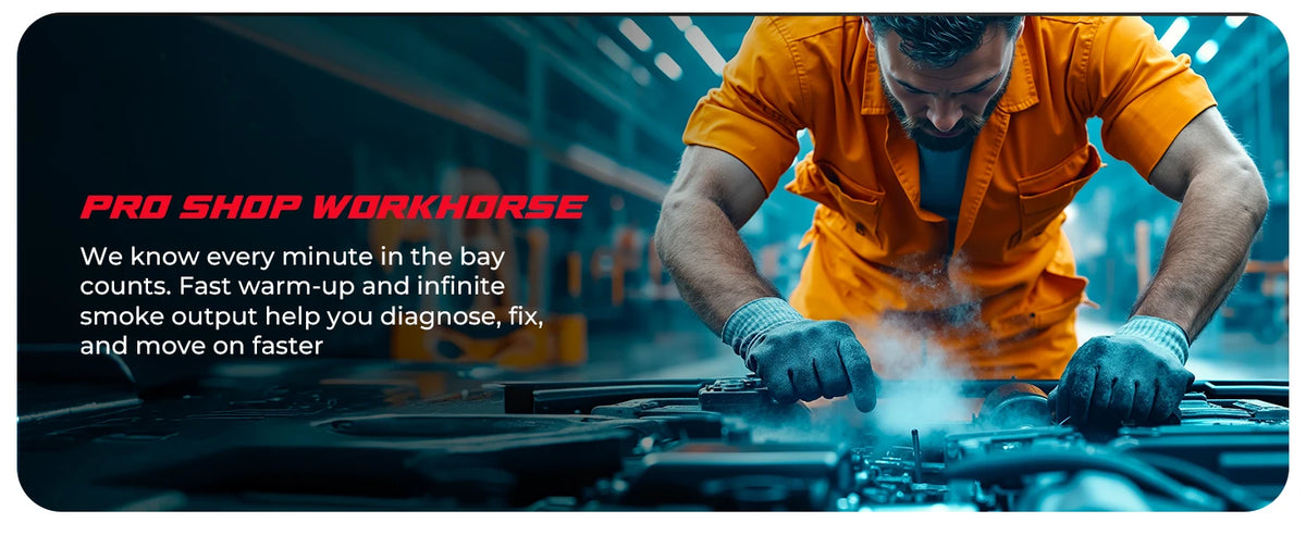 A mechanic in an orange shirt works on an engine, using a smoke machine to diagnose and fix issues.