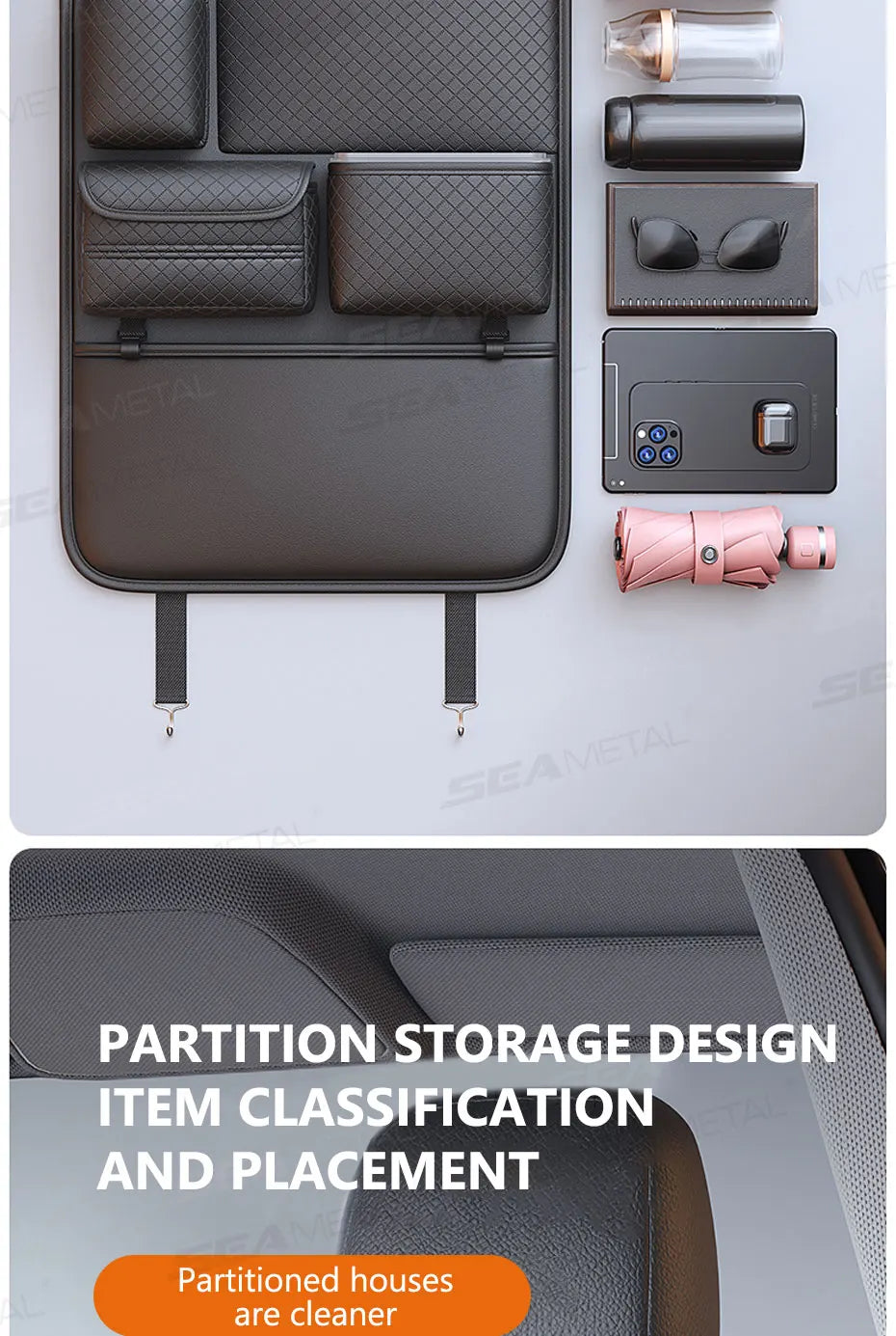 A partition storage design for a luxury car seat back organizer bag showing item classification and placement.