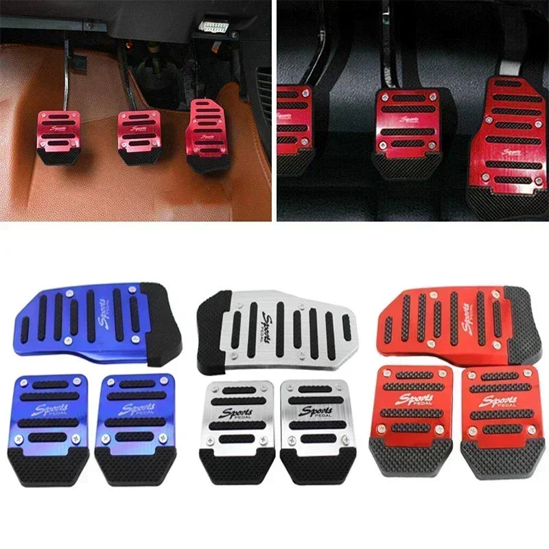 Un ensemble de protections de pédales sportives rouges et noires pour voitures manuelles, vues sous divers angles.