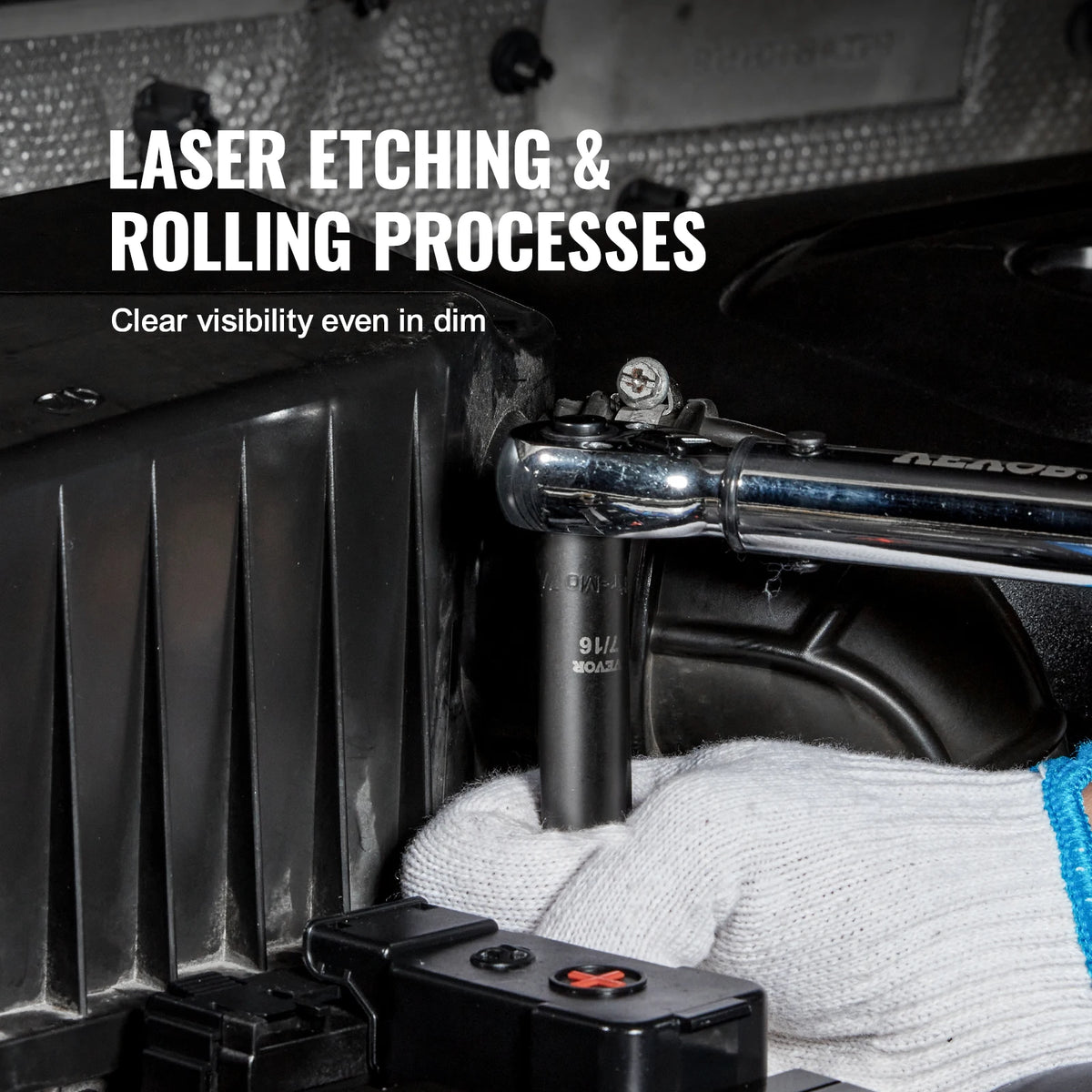 A hand wearing a white glove is working on an automotive part using a professional impact socket set.