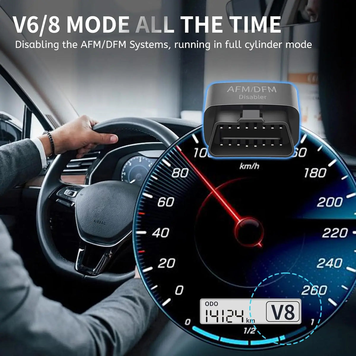 A close-up of a car dashboard showing a speedometer and odometer, with text indicating the disabling of AFM/DFM systems.