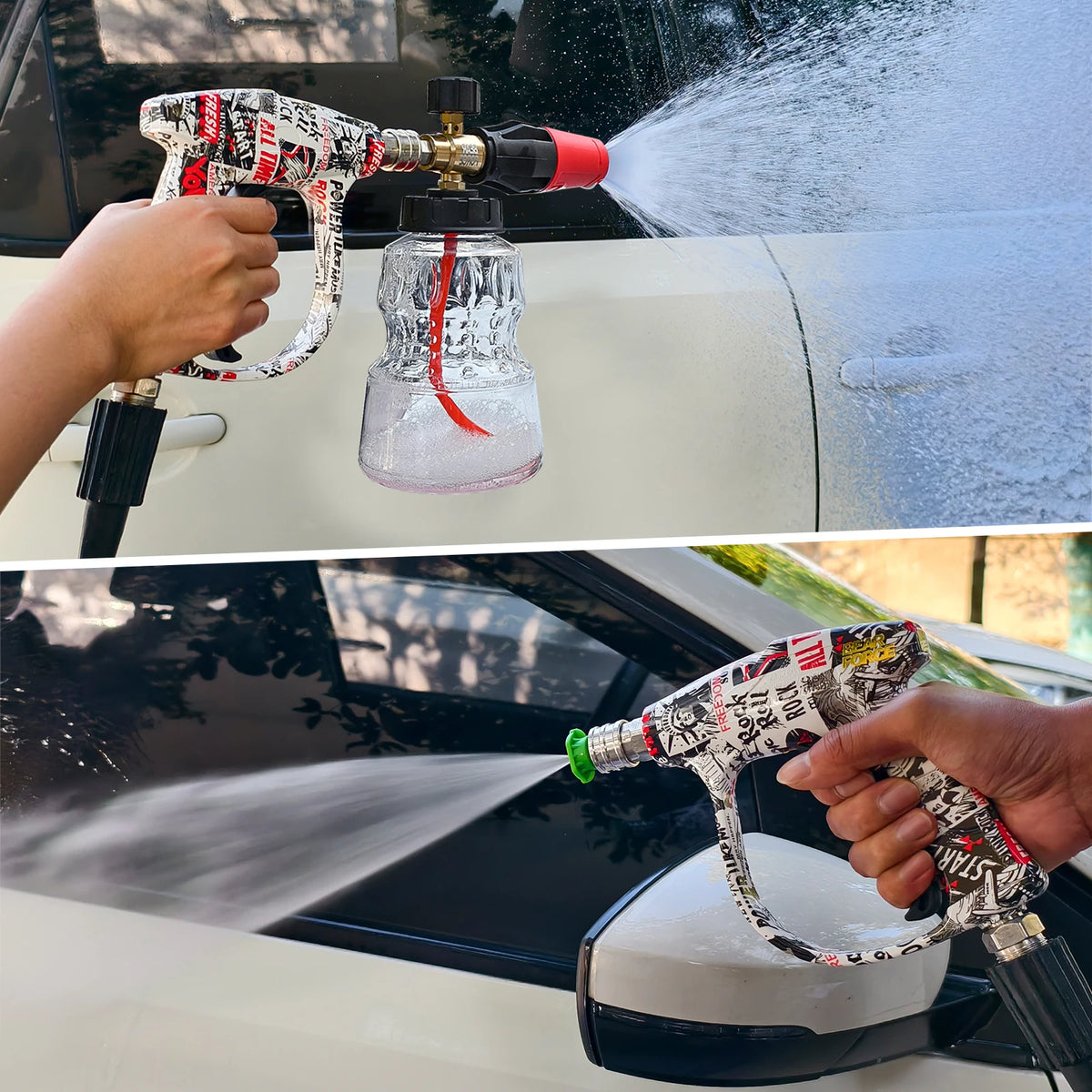 A hand is using a professional pressure washer spray gun kit to clean the exterior of a white car.