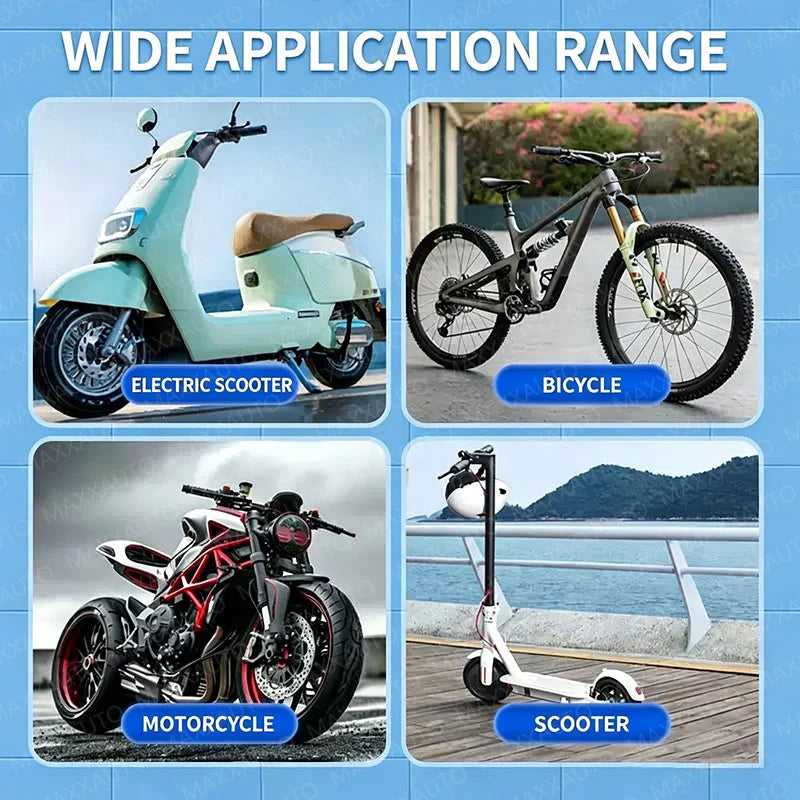 Image showing a wide application range of products including an electric scooter, bicycle, motorcycle, and a scooter.