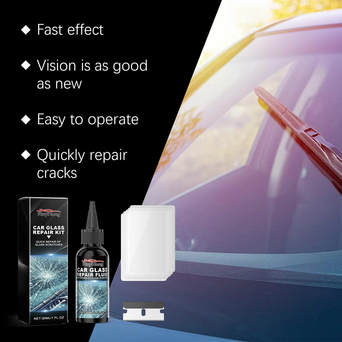 A kit for car glass repair featuring a bottle of fluid and a square applicator, shown near a car windshield.