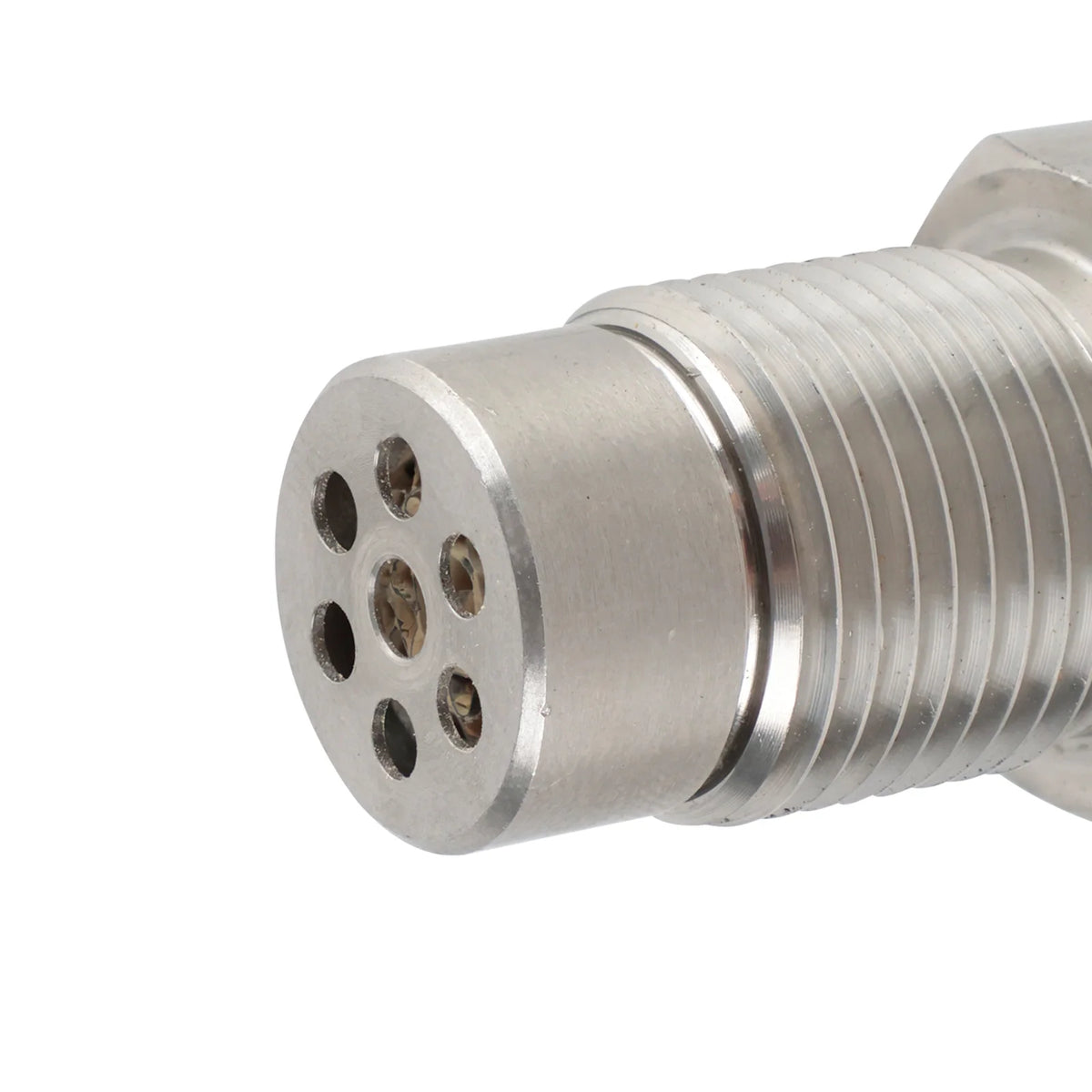 Close-up view of a metallic oxygen catalyst sensor with threaded connections and a circular array of holes.