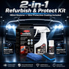 A 2-in-1 headlight refurbish and protect kit shown with a car headlight in the background.