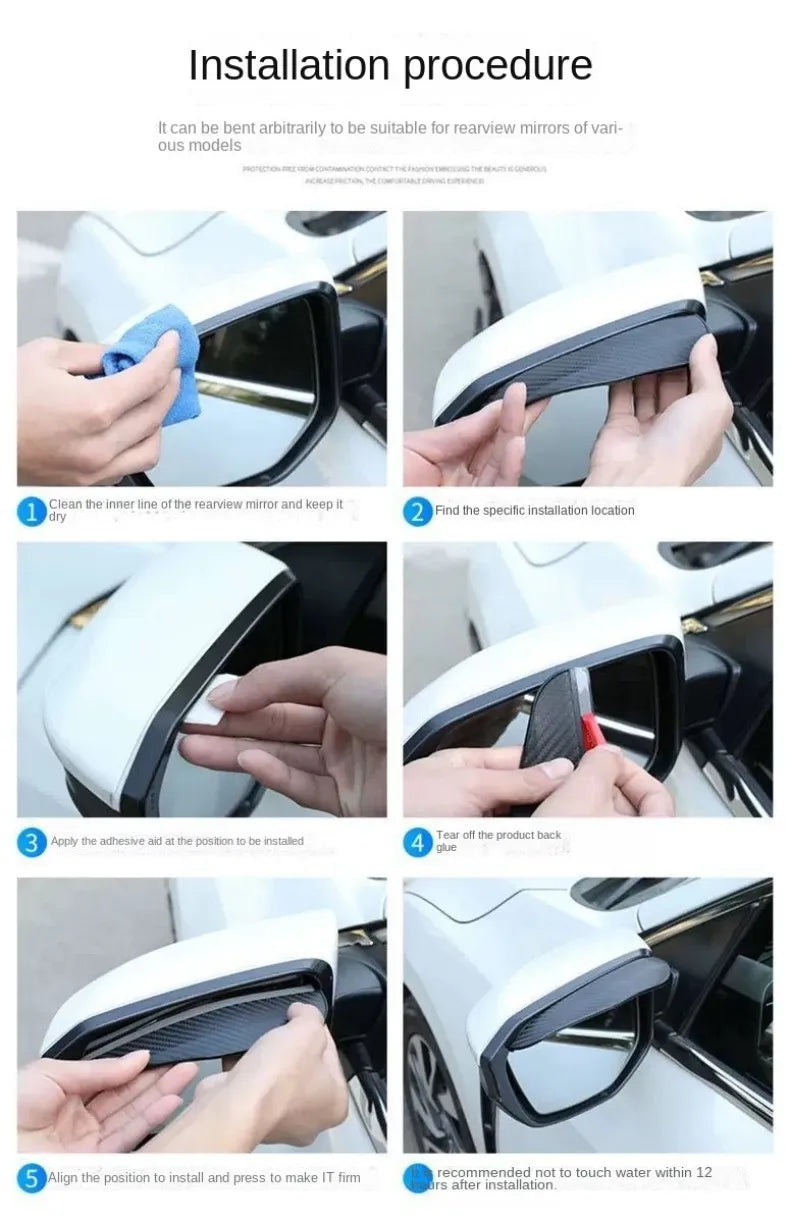 Installation procedure showing steps for installing a car side mirror rain deflector set
