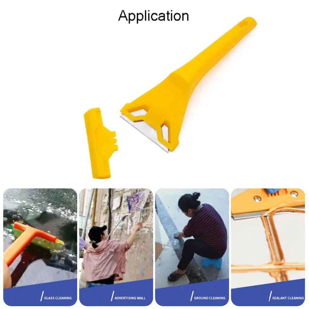 Yellow razor scraper tool shown with various applications including glass cleaning, advertising wall cleaning, ground cleanin