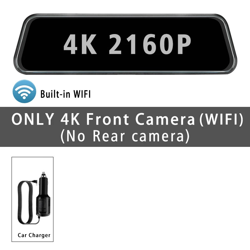 Black dash cam with 4K 2160P display and built-in WiFi, featuring only a front camera.