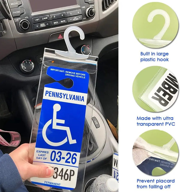 A transparent license plate holder with a hanging strap is shown in a car interior, designed to prevent the plate from fallin