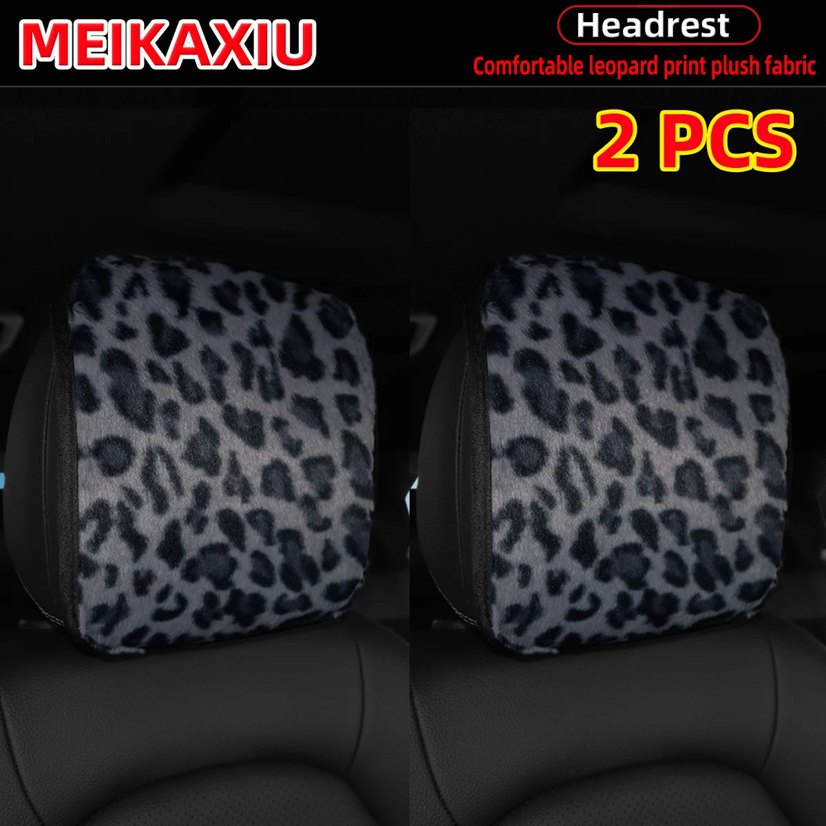 Two leopard print plush fabric headrest pillow covers for car seats