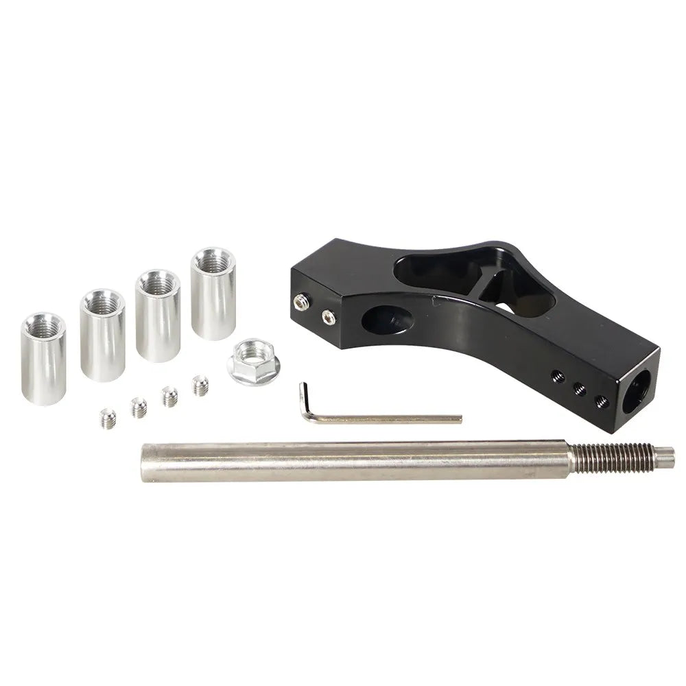 A set of adjustable car gear shifter extension kit components including various sized tubes and a metal rod.