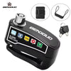 Dispositivo de alarma de freno de disco universal negro con cilindro plateado y accesorios sobre fondo blanco.