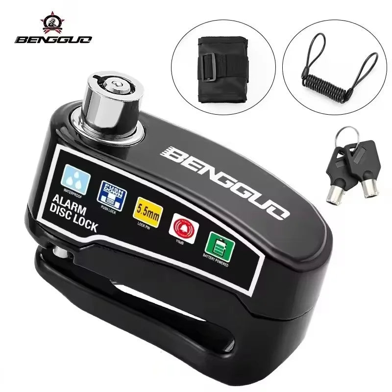Dispositivo de alarma de freno de disco universal negro con cilindro plateado y accesorios sobre fondo blanco.