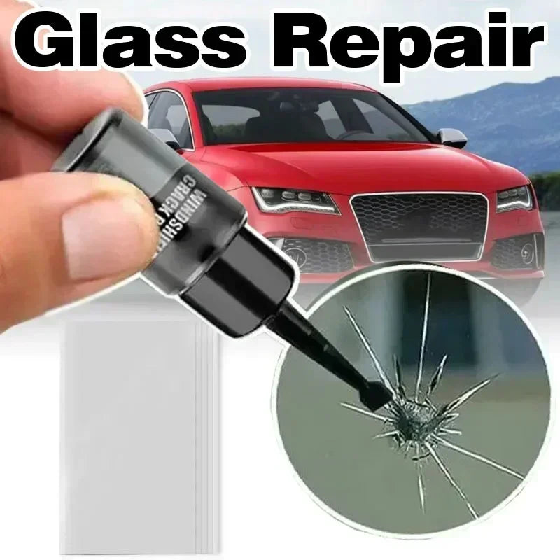 A hand holds a black glass repair kit tool next to a red car, with an inset showing a cracked windshield.