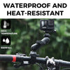 A waterproof and heat-resistant GoPro camera mount attached to a bicycle handlebar in the rain.
