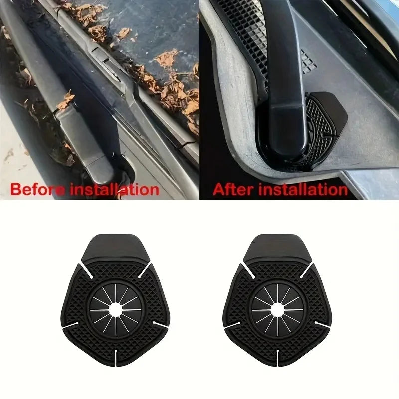 Two black anti-leak wiper arm hole covers shown before and after installation.