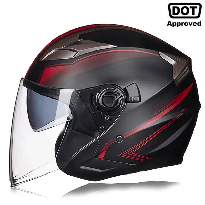A black motorcycle helmet with a clear visor and red accents, shown from the front.