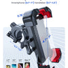 A black universal smartphone handlebar mount shown with various phone sizes and compatibility specifications.