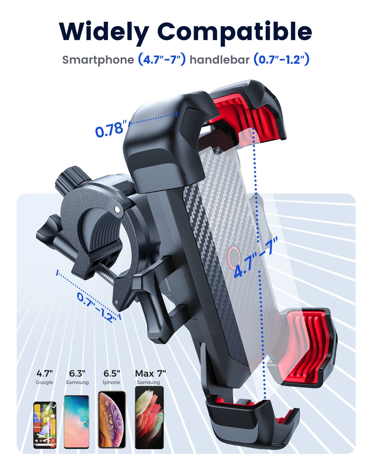 A black universal smartphone handlebar mount shown with various phone sizes and compatibility specifications.