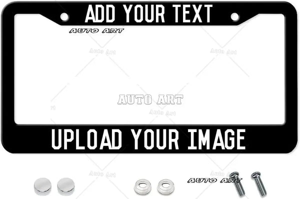 A black license plate frame with space for text and an area to upload an image.