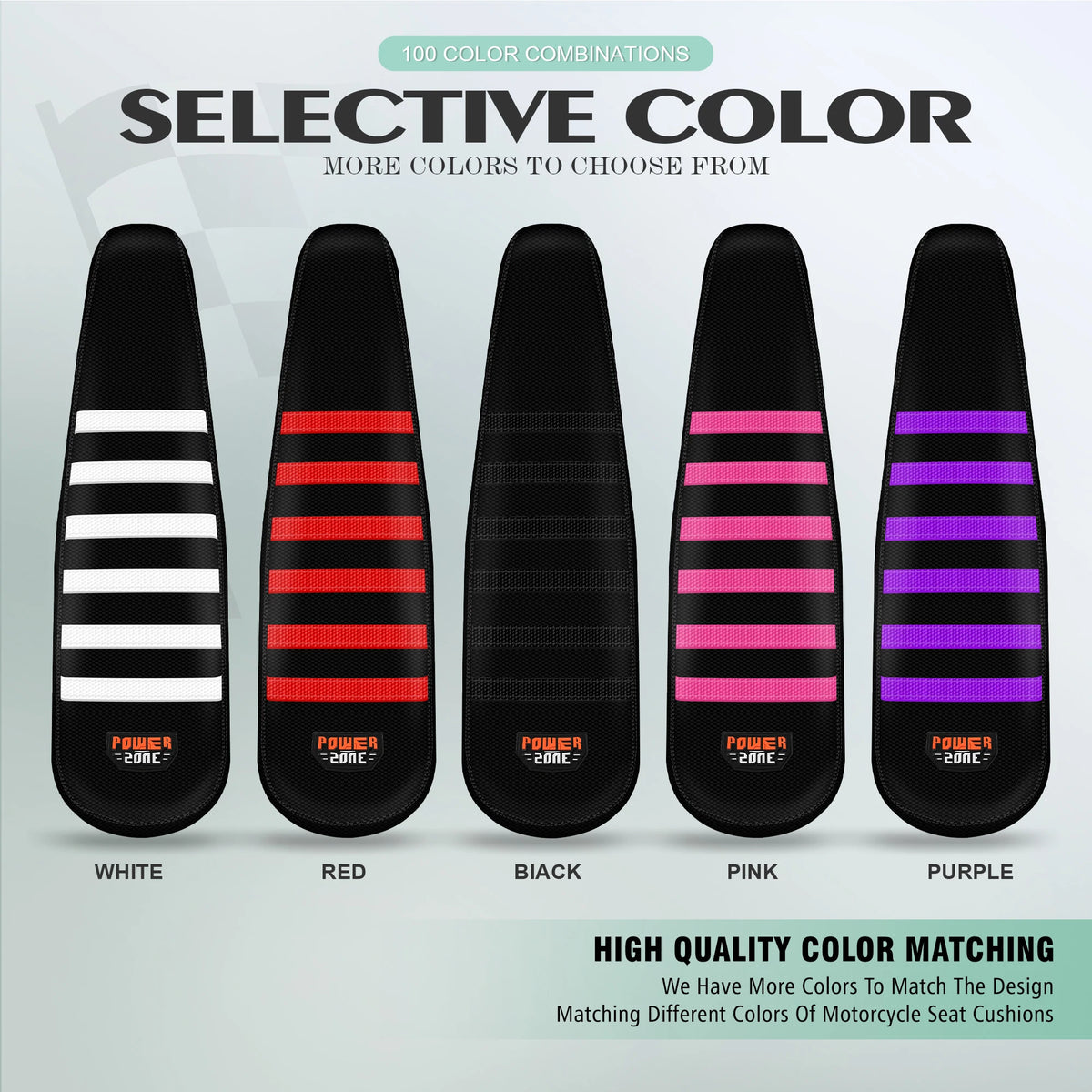 A set of black ribbed gripper seat covers in various colors including white, red, black, pink, and purple.