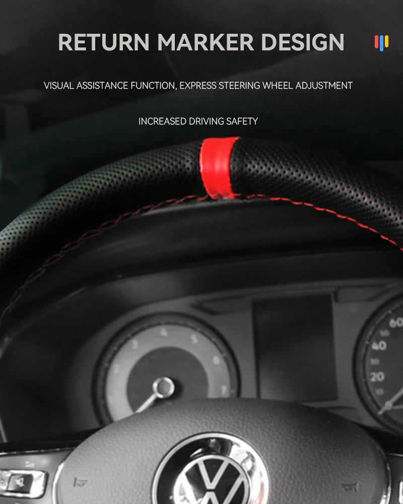 Close-up of a car steering wheel showing a return marker design feature.