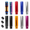 A set of JDM style aluminum gear shift knobs in various colors including black, silver, red, blue, and purple.