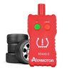 A red electronic tool for tire pressure sensor relearn, featuring TX and LOWBAT indicators.