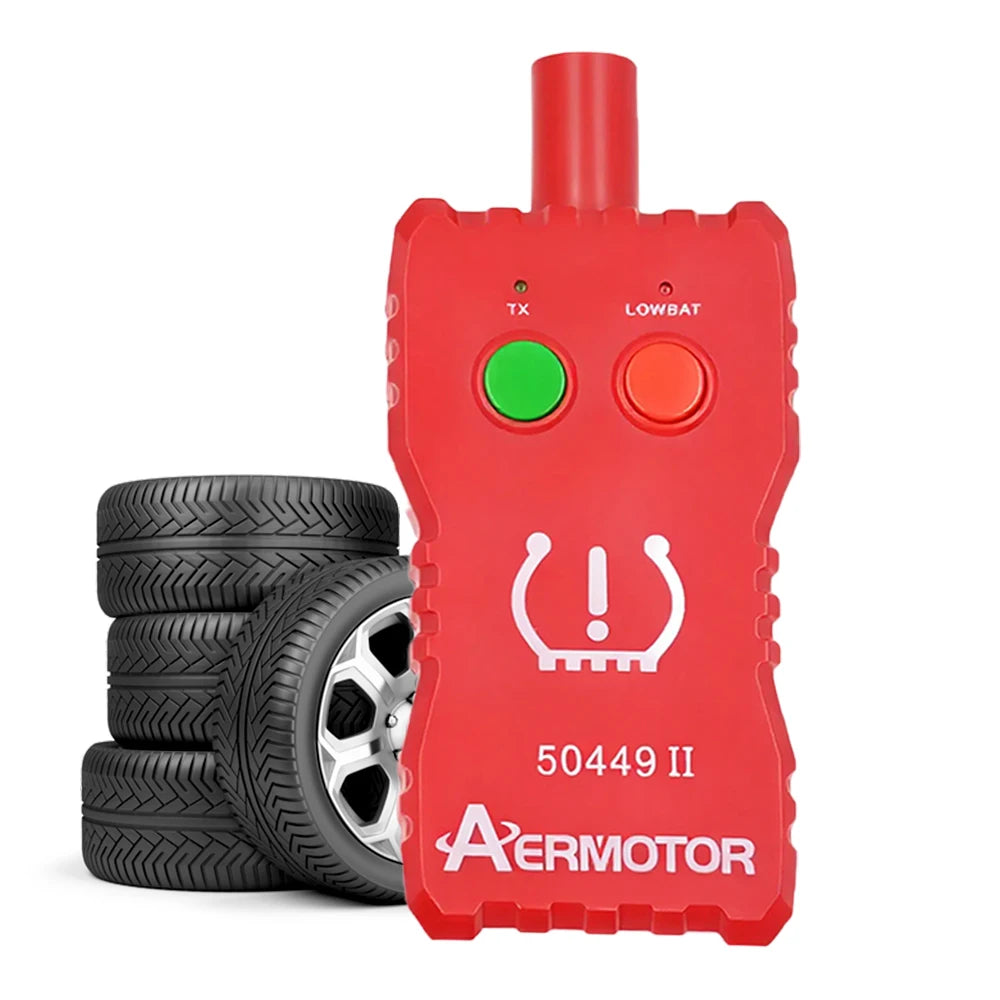 A red electronic tool for tire pressure sensor relearn, featuring TX and LOWBAT indicators.