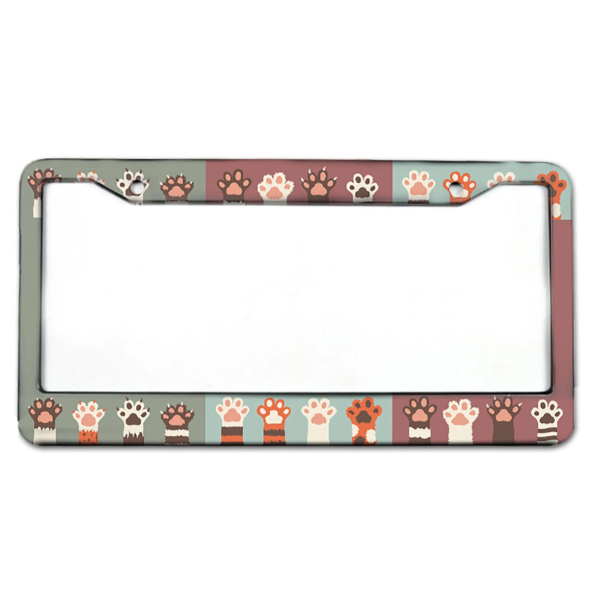 A rectangular aluminum license plate frame with a decorative border featuring various paw prints in shades of brown, orange, 