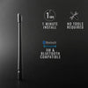A black universal car antenna for motorcycle and truck shown vertically with installation instructions.