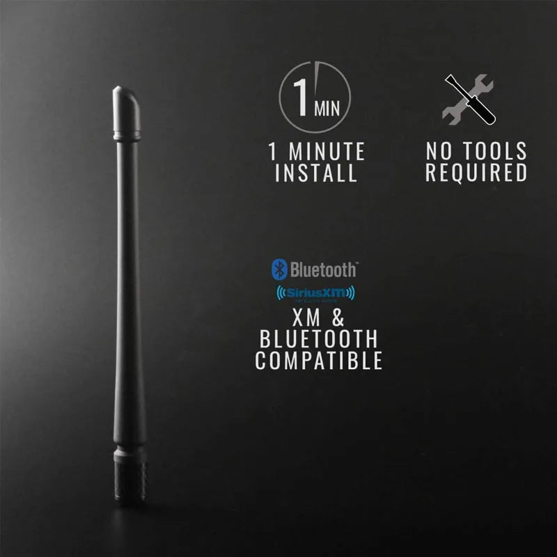 A black universal car antenna for motorcycle and truck shown vertically with installation instructions.