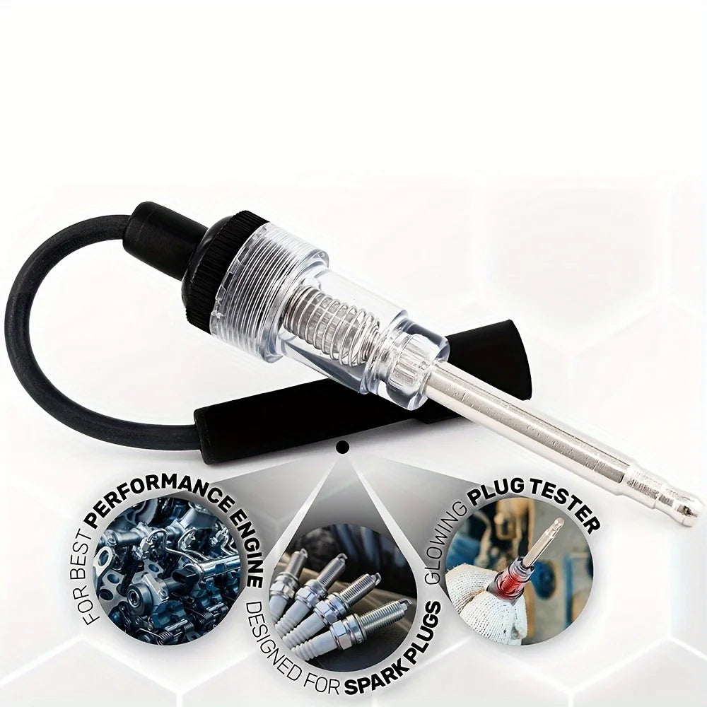 An automotive spark plug ignition tester kit with a clear glass tube and black handle, designed for testing spark plugs.